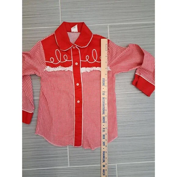 Vtg Sears Girls Red White Embroidered Western  Long Sleeve Shirt 6X Cotton Blend - Picture 7 of 8